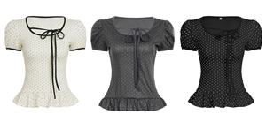 Blusa Elegante con Estampado de Lunares, Detalle de Lazo y Ribete de Encaje - Top Moderno con Cuello Redondo - Product Image 6