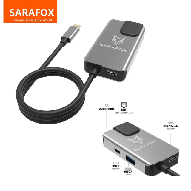 Sarafox USB-C Hub 5in1 Rj45 Hub 3.5mm Audio with 1000mbp Rj45 Network and PD100W Charging 3.5MM+RJ45+PD100W+1000Gbps+Data