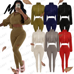 2025 Herbst Neue Legere Damen 2-Teiliges Set Reißverschluss Crop Top Jacke und Leggings Set Damenbekleidung Outfits Passendes Lounge Set - Product Image 1