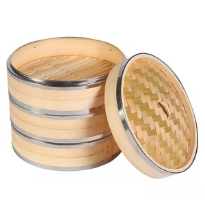 Factory wholesale bamboo, stainless steel and aluminum edge-lined round <b>steamers</b>, small steamed bun <b>steamers</b>, <b>steamer</b> racks, - Product Image 4