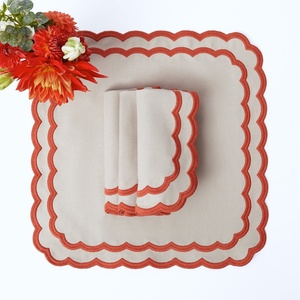 Custom French Luxury Double Scalloped Embroidered Edge <b>Table</b> <b>Cloth</b> Pure 100% Organic <b>Linen</b> Napkin Placemat for Hotel Wedding - Product Image 1
