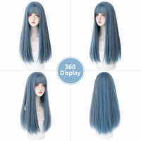 Peluca Azul con Flequillo, Peluca de Cabello Sintético para Mujer, Peluca Larga y Lisa de 24 Pulgadas con Reflejos de Color para Cosplay, Pelucas Anime Lolita