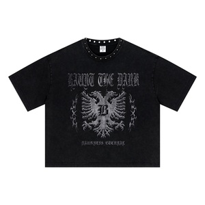 American Retro High-street Trendy Brand <b>studded</b> Dark-style Knitted Casual T-shirt Loose and Distressed Boxy Short-sleeved - Product Image 1