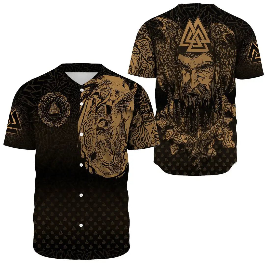 Tùy chỉnh Kinh Điển Thế giới bóng chày áo sơ mi Viking Odin vàng phiên bản ngắn tay áo sơ mi nút v-cổ bóng chày T-Shirt bán buôn
