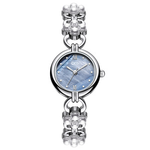Reloj de cuarzo para mujer con cadena de perlas, elegante reloj de lujo ligero con incrustaciones de diamantes y nácar, elegante reloj para mujer - Product Image 4