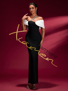 Ocstrade thả vận chuyển Boutique của phụ nữ quần áo thanh lịch Trắng Vai Đen Băng maxi buổi tối ăn mặc với chuỗi kim cương - Product Image 4