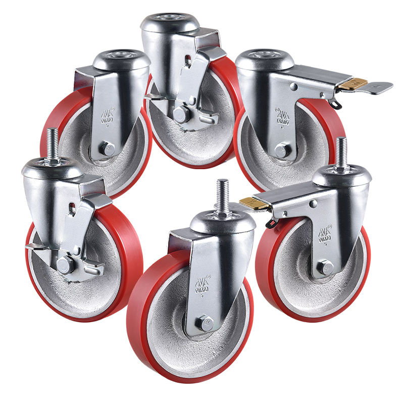 VIMA 3 4 5 Inch Fixed Caster Wheel Red PU Iron 200kg 250kg 300kg Castor Machine Wheels Medium Duty Caster for Trolley Cart