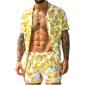 Conjunto de Dos Piezas Casual de Verano 2025 para Hombre, Estilo Hawaiano Transpirable, Pantalones Cortos de Punto de Manga Corta, Rayas y Diseños Sólidos - Product Image 4