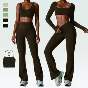 Custom Nude Gym Fitness Sets Sportswear for Women Breathable Removable Cup Bra Top Scrunch Butt Leggings Yoga Set Active Wear