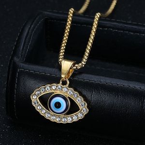 Collier pendentif Hip Hop Evil Eye en acier inoxydable plaqué or et argent avec incrustation de strass, bijou unisexe, cadeau - Product Image 2