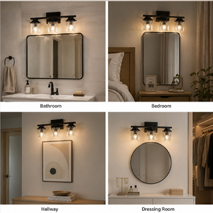 Applique murale moderne pour <span class=keywords><strong>salle</strong></span> <span class=keywords><strong>de</strong></span> <span class=keywords><strong>bain</strong></span>, <span class=keywords><strong>luminaire</strong></span> <span class=keywords><strong>de</strong></span> vanité à 3 lumières, en métal noir mat avec abat-jour en verre clair martelé, lampe murale d'intérieur - Product Image 4