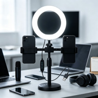 Ring Light Mini 6-Inci Portabel Tahan Air, Penjepit Dudukan Ponsel Ganda untuk Siaran Langsung, Penjepit Meja