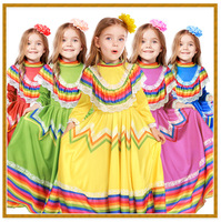 Costume de danse ethnique mexicaine pour Halloween, robe traditionnelle longue de danse flamenco, jupe de carnaval du Jour des Morts pour filles