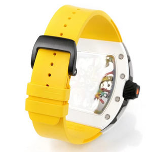 Montre de luxe à tourbillon squelette en forme de baril, couleur arc-en-ciel, boîtier blanc, bracelet en fluororubber jaune, montre-bracelet tendance, meilleure vente - Product Image 6