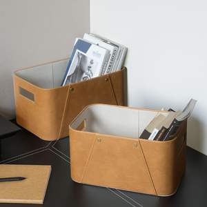 Lot de 2 paniers de rangement de luxe en cuir végétal marron pour armoire, étagère, bibliothèque, vêtements en plastique. - Product Image 4