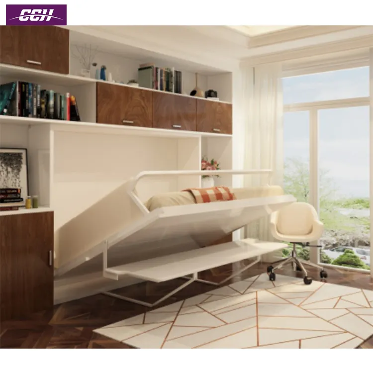 Cama flotante lateral inteligente con estante individual, muebles, dormitorio, cama de pared de metal y madera con marco de madera