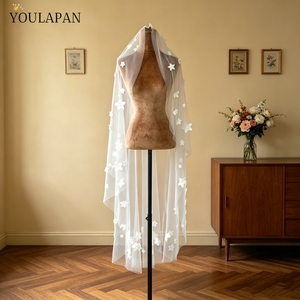 YouLaPan Velo de novia corto de una sola capa con flores 3D y perlas, sin peine, de tul suave, accesorios de boda, cubrecara para mujer <span class=keywords><strong>M153</strong></span> - Product Image 4