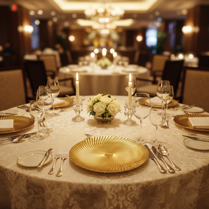 Assiettes de présentation rondes <span class=keywords><strong>élégante</strong></span>s en plastique PP doré, durables, de 13 pouces, avec motifs personnalisés pigmentés, pour mariages - Vente en gros 2026 - Product Image 5