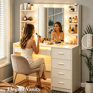 Factory Direct Wholesale Modern Vanity Desk LED Lighted Mirror Dimmable Charging Station <strong>Makeup</strong> Dressing Table Shelves 5 <strong>Drawers</strong> - Product Image 1