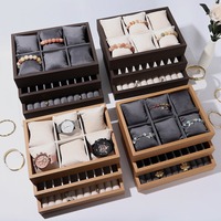 Plateaux de présentation rectangulaires en bois naturel pour bijoux, avec doublure en velours anti-rayures, compartiments à grille pour rangement de montres