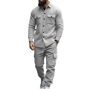 Özel Logolu Erkek Polar Kargo Ceket Eşofman Takımı 2 Parça Düz Renk Uzun Kollu Düğmeli Ceket ve Kargo Pantolon Takımı - Product Image 6