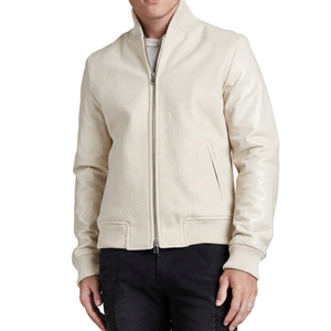 Chaqueta Bomber Gris para Hombre con Mangas de Cuero PU Negro, Cuello Alto, Cierre de Cremallera, Prenda Informal para Invierno - Product Image 3