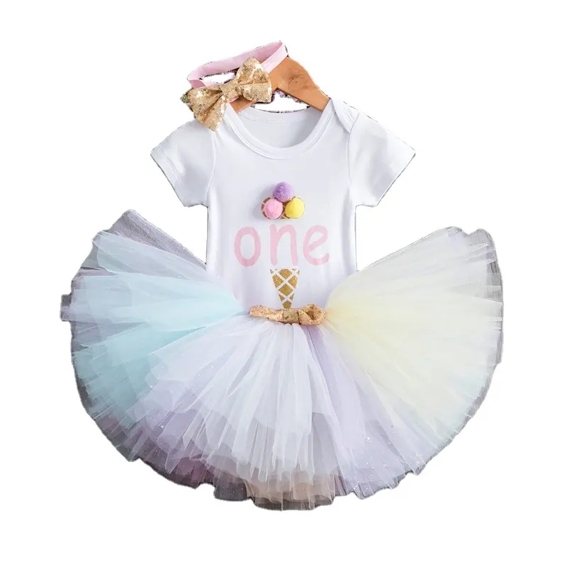 0-1 year toddler infant Birthday party baby clothing set 3pcs cotton ruffle 3-piece princess tutu dress romper