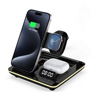 3 In 1 Opvouwbaar Draadloos Laadstation Met Wekker Nachtlampje Verstelbare Oplader Standaard Voor Telefoons Horloges Oordopjes