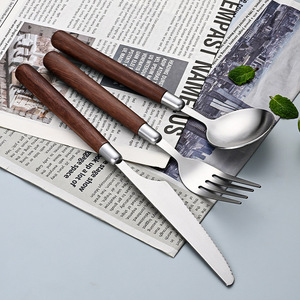 Western Style Tableware Set Stainless Steel Spoon Fork Knife Walnut Wood Handle Dinnerware Set For Daily Use - Product Image 1