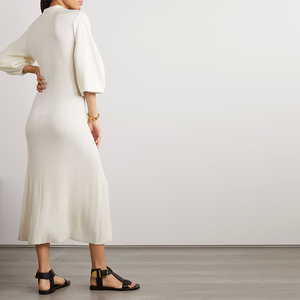 定制白色女式优雅休闲马克西秋季马球领针织衫灯笼袖Midi天然腰针织毛衣制造商 - Product Image 3