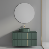 Unit Vanity Kamar Mandi Eropa Model Green Fluted, Terpasang di Dinding, 35 Inci, dengan Wastafel Solid Surface Warna Senada dan Cermin LED Anti-Kabut
