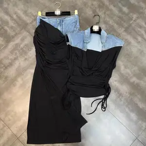 New Fashion Spring Fall Summer Sexy Sleeveless Patchwork Denim Crop Top Long Maxi Skirt Two Piece Skirt Set Women Two Piece Sets