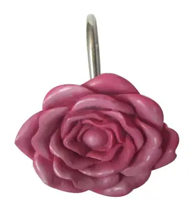 Tirai mandi gaya bunga penjualan terbaik paket cincin dari 12 Set kait tirai mandi gaya bunga mawar merah muda 12