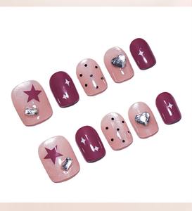 Lot de 10 faux ongles en acrylique pré-dessinés, forme amande, avec motifs œil de chat rose nude, étoiles, cœurs, pois et cristaux noirs - Product Image 6