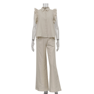 Sólido abotonado volante gorra mangas camisa y cintura alta pantalones de pierna ancha algodón <span class=keywords><strong>2</strong></span> piezas conjunto Patalon Et Haut Pour Mujer Dame - Product Image 5
