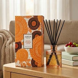 Aikun OEM Gift Box Private Label Autumn Amber Textured Round 100ml MMB Long-lasting Reed <b>Diffuser</b> Set For Fall Home Stores - Product Image 1
