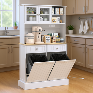 Armoire de rangement autoportante blanche 68 pouces avec station de charge intégrée, rangement de cuisine, design farmhouse - Product Image 2