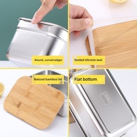 Boîte à bento écologique en acier inoxydable, boîte à lunch portable en métal avec couvercle en bois et sangle, compatible micro-ondes, design simple et mignon