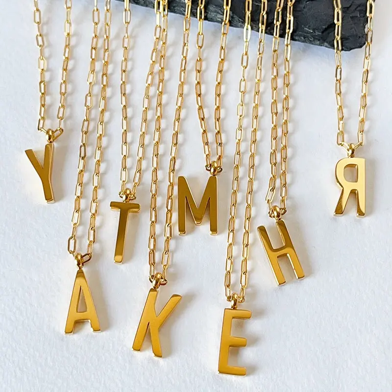 Retro 26 Alphabet Initial Letter Rectangular Chain Collarbone Necklace Large Letters 18k Gold Plated 41CM Necklace No Fading