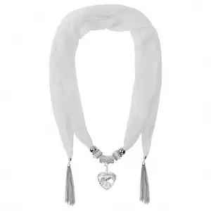 Women's Chiffon Scarf Necklace With Heart Pendant Metal Chain Tassel