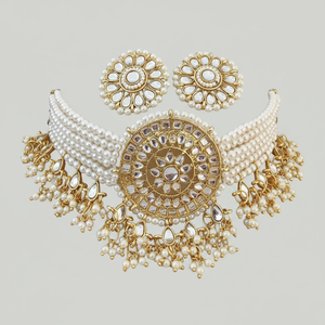 Parure Collier Ras-de-cou et Boucles d'Oreilles Plaqué Or, Perles Blanches, Zircon, Kundan, Style Ethnique, pour Mariage, Fiançailles, Fête, Anniversaire, Haute Qualité - Product Image 2