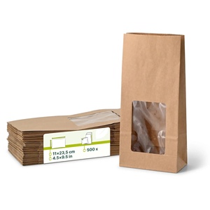 Sacs à fond plat rectangulaires en M avec fenêtre transparente 11x6x23,5 cm, sacs de rangement pour collations en kraft à base de plantes - Product Image 1