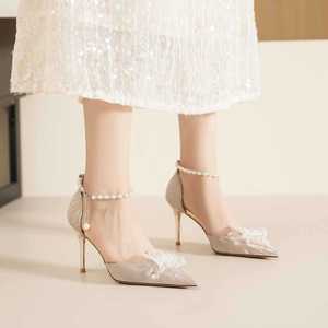 6692X-201 Fashion Trend Flower Heeled Sandals Women Pointed <b>Toe</b> Stiletto High Heel Pearl Strap Microfiber Leather Lining Wedding - Product Image 4