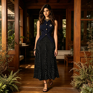 Conjunto de Diseñador Elegante de Dos Piezas al por Mayor de China 2026: Blazer sin Mangas con Broche y <span class=keywords><strong>Falda</strong></span> Midi Plisada con Estampado de Puntos - Product Image 2