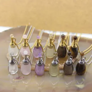 Smooth Gemstone Perfume Bottle Pendants Crystal Quartz Amethyst Druzy Essential Oil Diffuser Teapot Healing Chakra Necklace