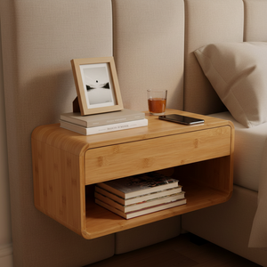 Wholesale Bamboo Wall-Mounted Nightstand Floating <strong>Bedside</strong> Table Organizer <strong>Shelves</strong> with Drawer for Bedroom - Product Image 4