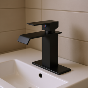 Grifo de Baño Moderno Monomando con Caño en Cascada, Negro Mate, Montaje en Cubierta, 1 Agujero, Válvula Cerámica, Construcción de Latón - Product Image 2