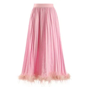 Spring Summer Ladies High Waist A-line Maxi Skirt New Design Pink Color Bottom Stitching Feather Pleated Long Skirt