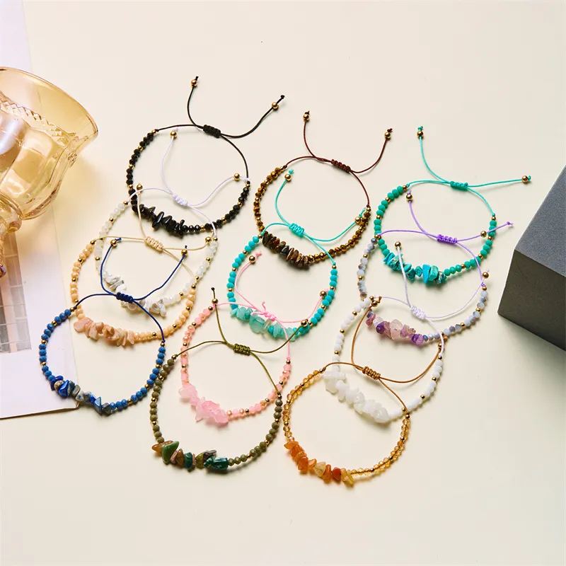 Rinhoo, асимметричные браслеты с гравием из натурального камня, браслеты с аметистами, женские браслеты с регулируемой веревкой, плетеные браслеты в подарок