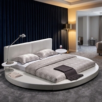 Lit Rond Moderne Rembourré avec Plateforme Circulaire, Table d'Appoint Intégrée, Base Basse, Tête de Lit à 2 Panneaux en Cuir pour Appartement et Hôtel